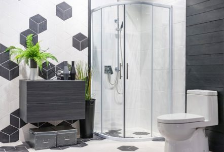 Bathroom With Gray And White Tiles — Traditional Tiles in Cairns, QLD
